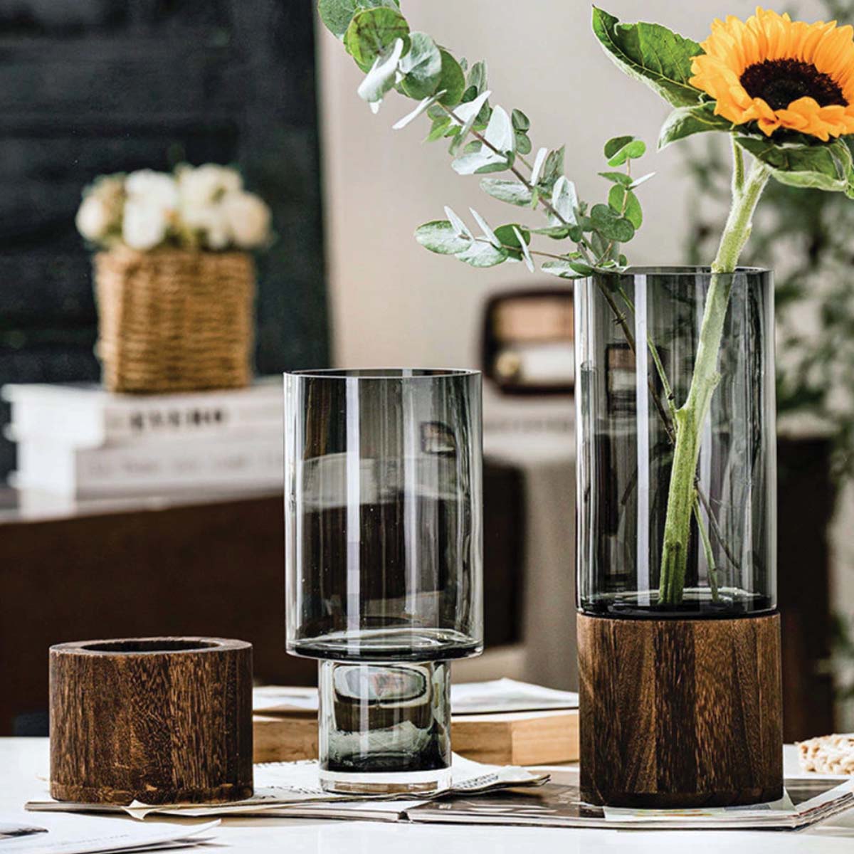 Livonez – Glas - en houten bloemenvaas - LivonezLIV - MAAT 1 - PZP - 804