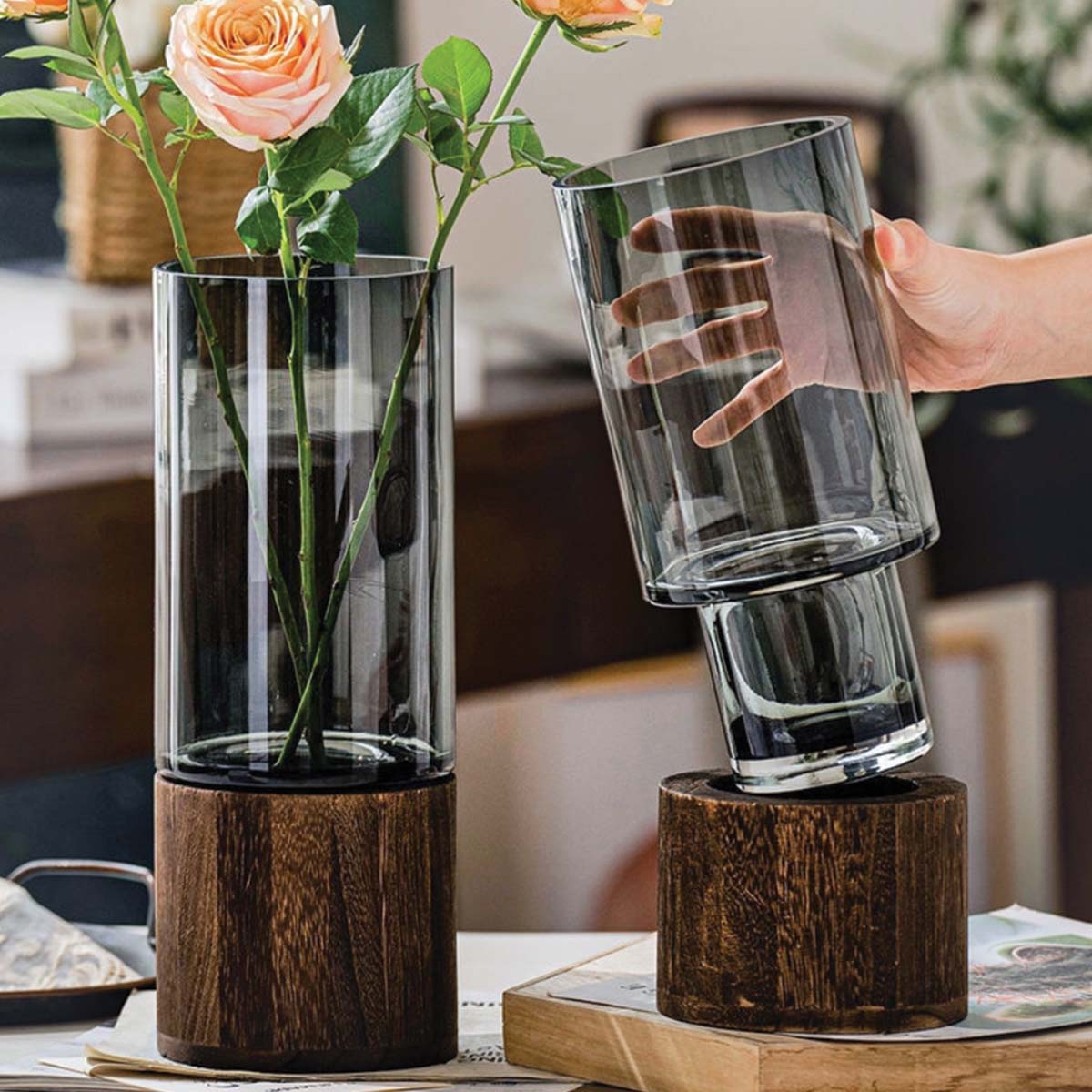 Livonez – Glas - en houten bloemenvaas - LivonezLIV - MAAT 1 - PZP - 804