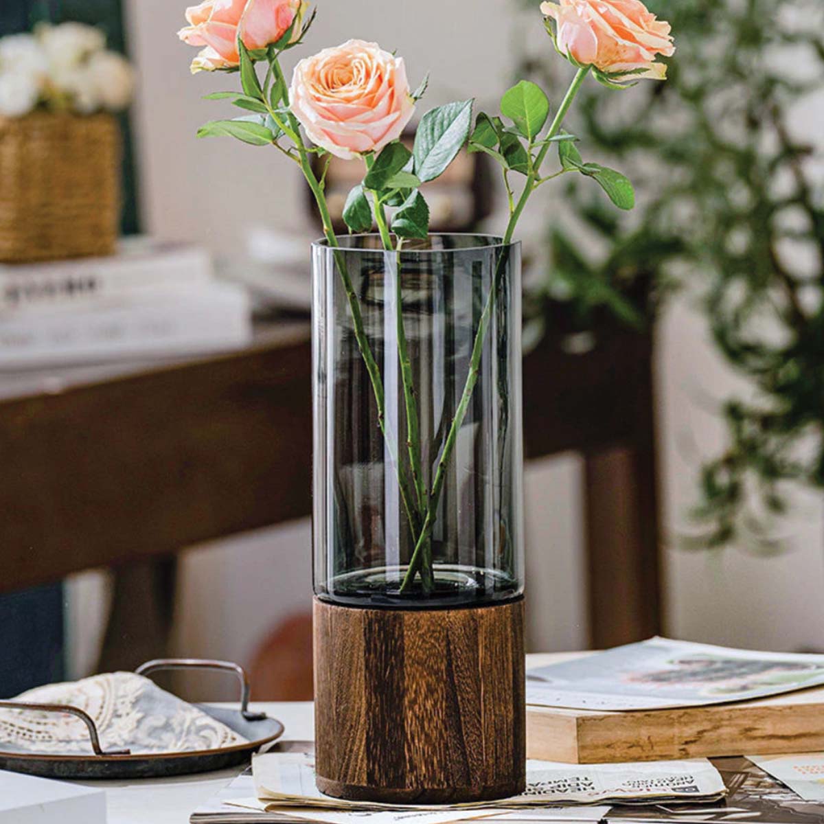 Livonez – Glas - en houten bloemenvaas - LivonezLIV - MAAT 1 - PZP - 804