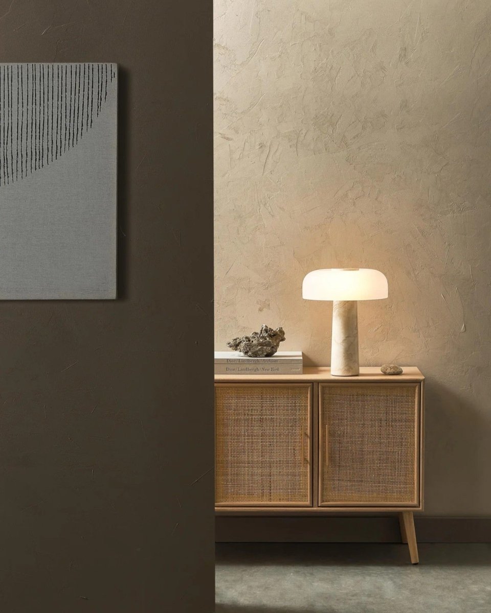 Livonez – Glas en Marmer Tafellamp - LivonezLIV - WITBEIGE TRAVERTIJN - YOK - 351